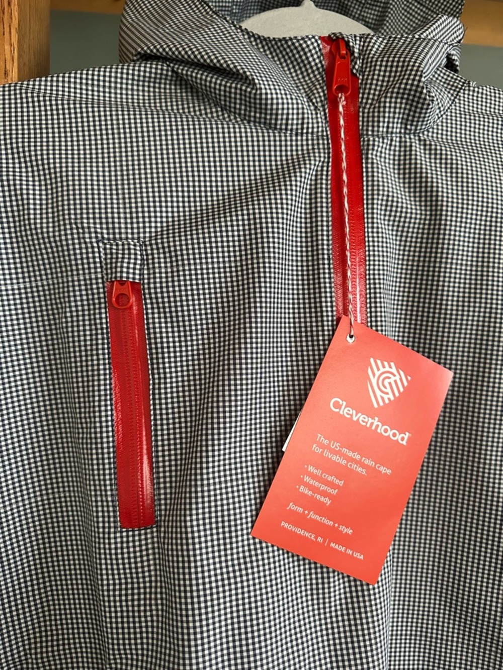 Rain cape poncho by Cleverhood. Micro-Check Red Accents. Unisex OS. - Picture 3 of 4